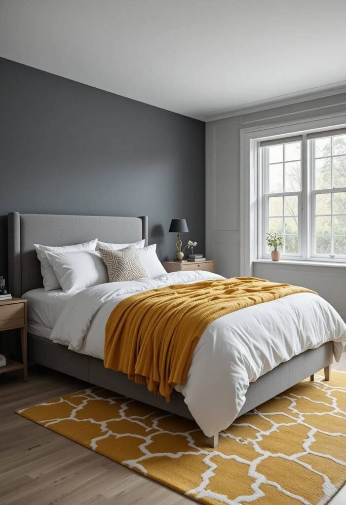 Yellow and grey bedroom palette with mustard blanket grey headboard and geometric rug
