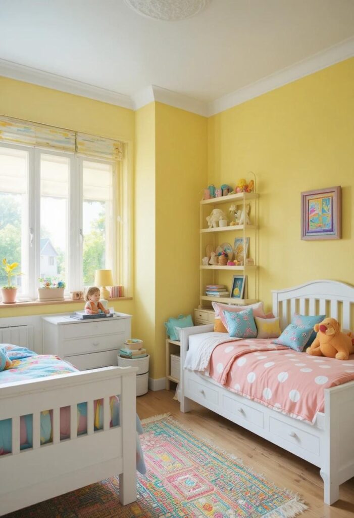 Lemon yellow kids bedroom with white furniture rainbow accents and cheerful playful decor