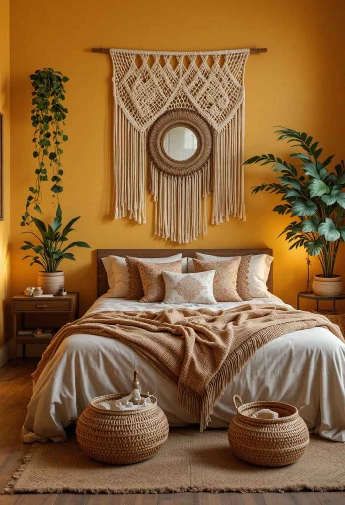 Yellow boho bedroom with macrame wall hanging rattan mirror and layered earthy textures