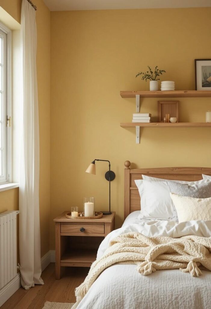 Yellow bedroom with honey oak wooden furniture warm natural textures and Scandinavian farmhouse style