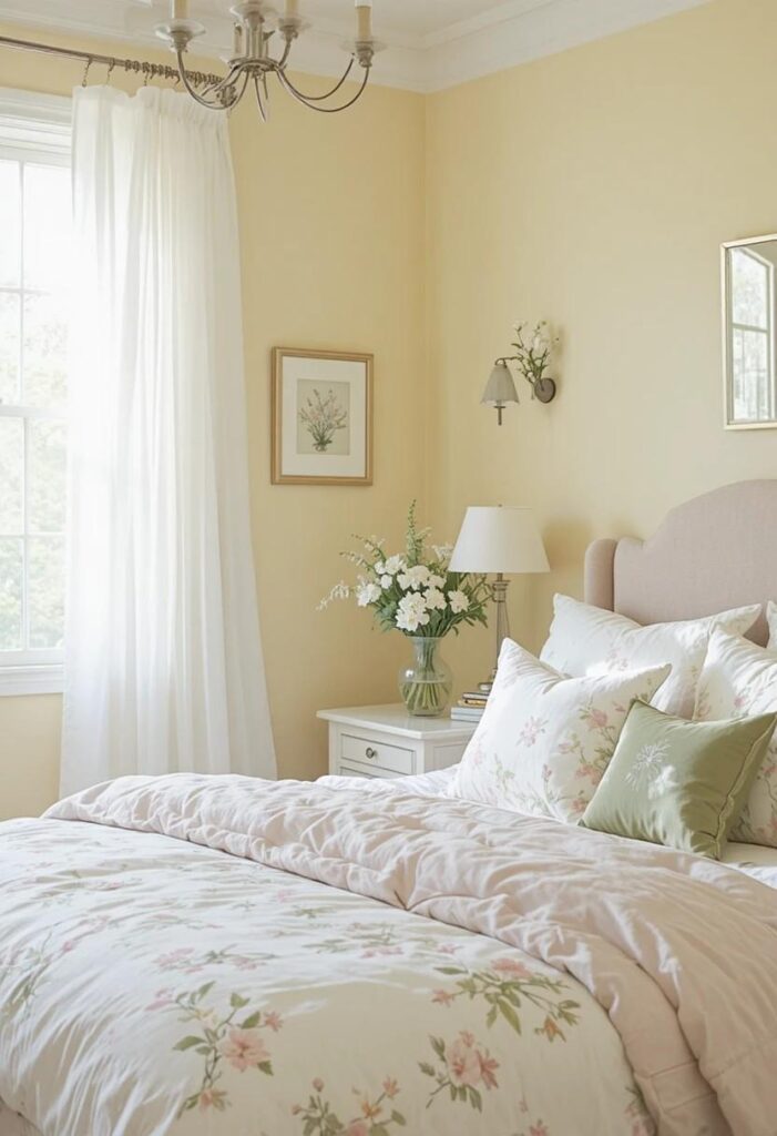Pastel yellow bedroom with floral bedding blush pink accents and soft cottagecore aesthetic
