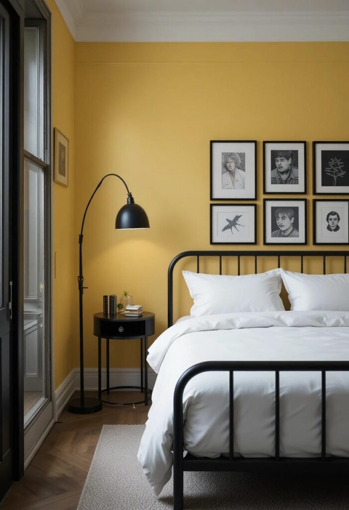 Yellow bedroom with black accents matte black lamp metal bed frame and gallery wall art