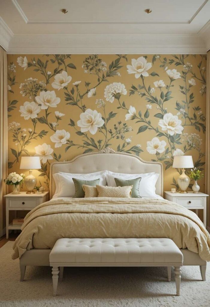 Yellow floral wallpaper bedroom with sage green accents white furniture and romantic botanical feel