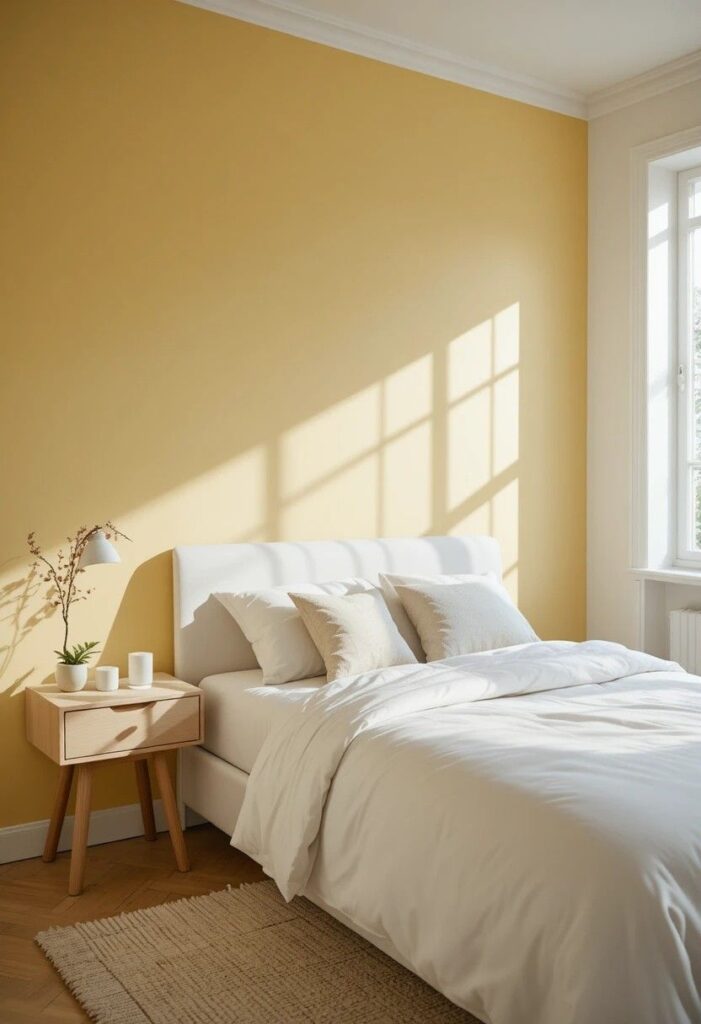 Minimalist yellow bedroom with clean white furniture simple decor and bright natural light