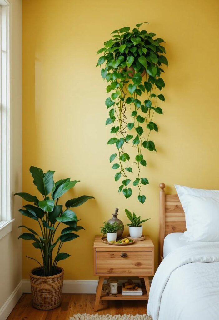 Yellow bedroom with indoor plants including pothos monstera and snake plant for a fresh natural vibe