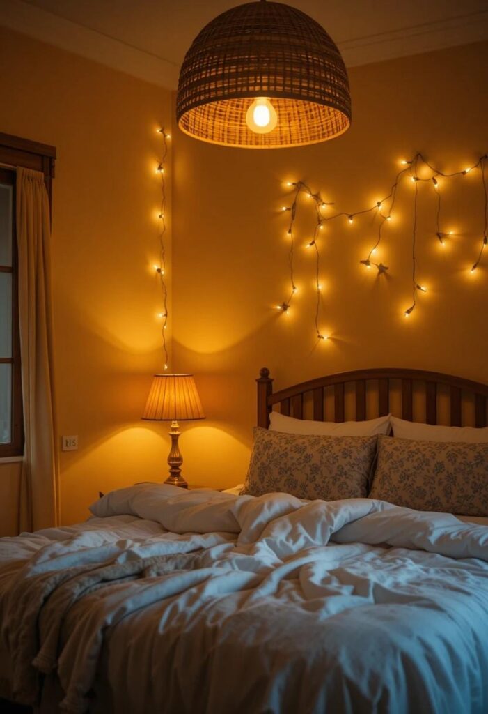 Yellow bedroom lighting with rattan pendant lamp fairy lights and warm brass table lamp at golden hour