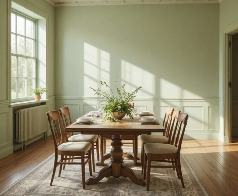 Elegant green dining room with sage walls wooden table and natural light creating a calm inviting space
