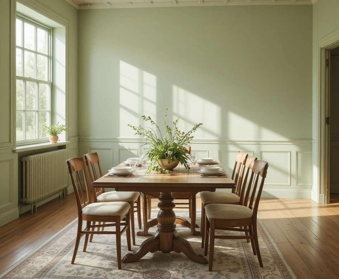 Elegant green dining room with sage walls wooden table and natural light creating a calm inviting space