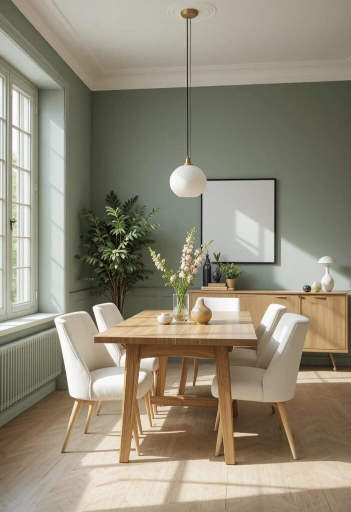 Soft sage green matte walls in a dining room with light wood table and white linen chairs for a timeless airy look