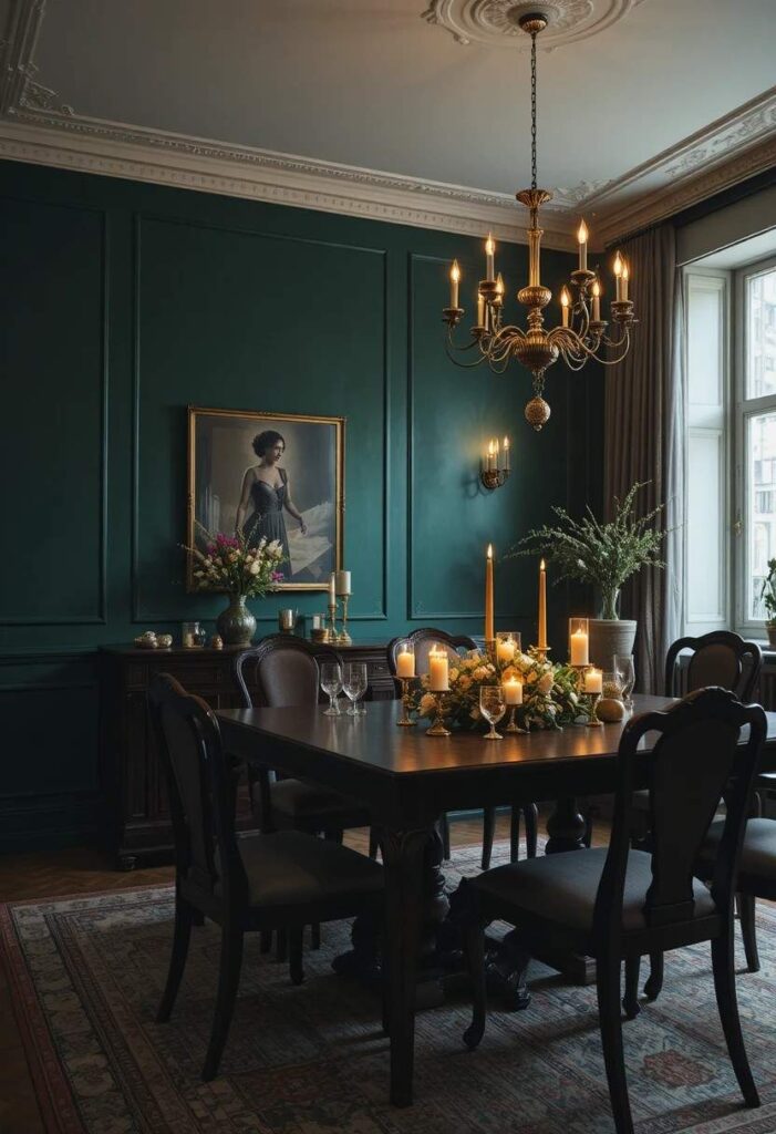 Bold emerald green accent wall behind dining table with brass lighting and dark wood furniture for a moody elegant look