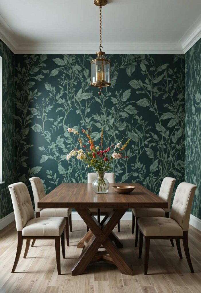 Deep green botanical wallpaper with leaf pattern in dining room paired with wooden table and neutral chairs for a garden inspired look