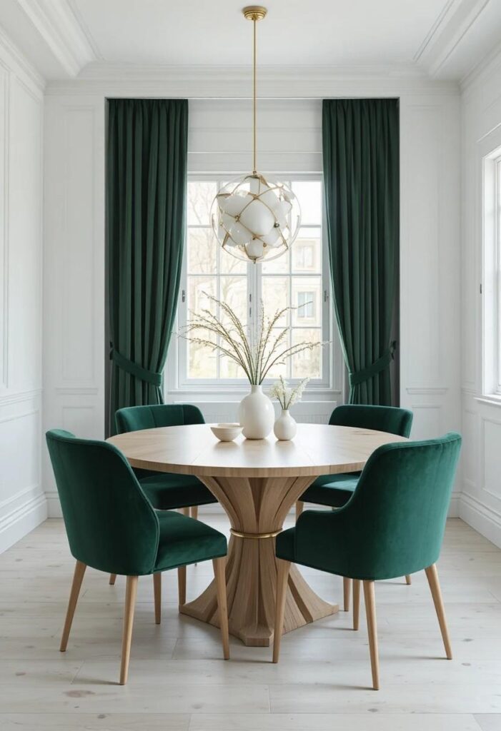 Forest green velvet dining chairs around a light wood table in a white minimalist dining room as the statement piece