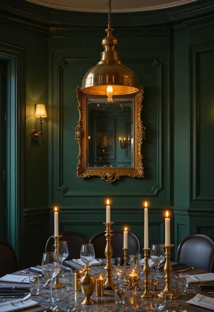 Deep green dining room with brass light fixture gold framed mirror and metallic candle holders for a rich sophisticated glow