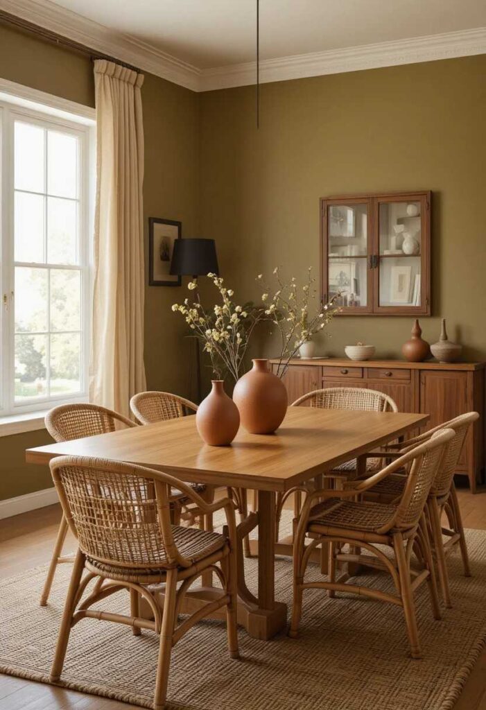 Warm olive green dining room with terracotta vases rattan chairs and jute rug creating an earthy organic atmosphere