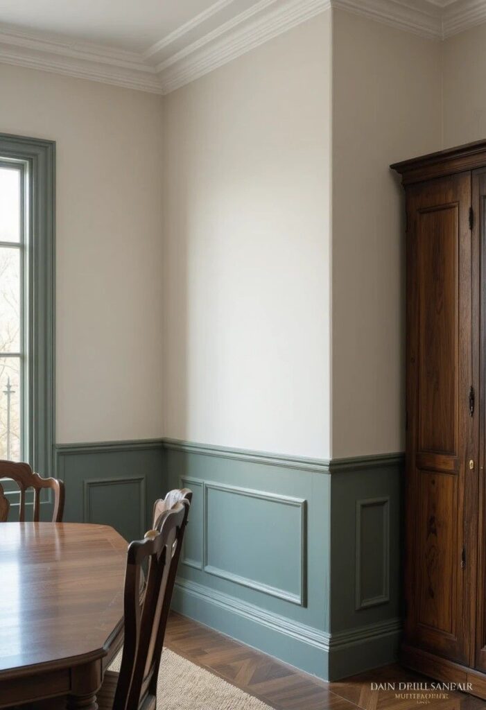 Two tone green and white dining room wall with chair rail molding and wooden table for a classic elevated look
