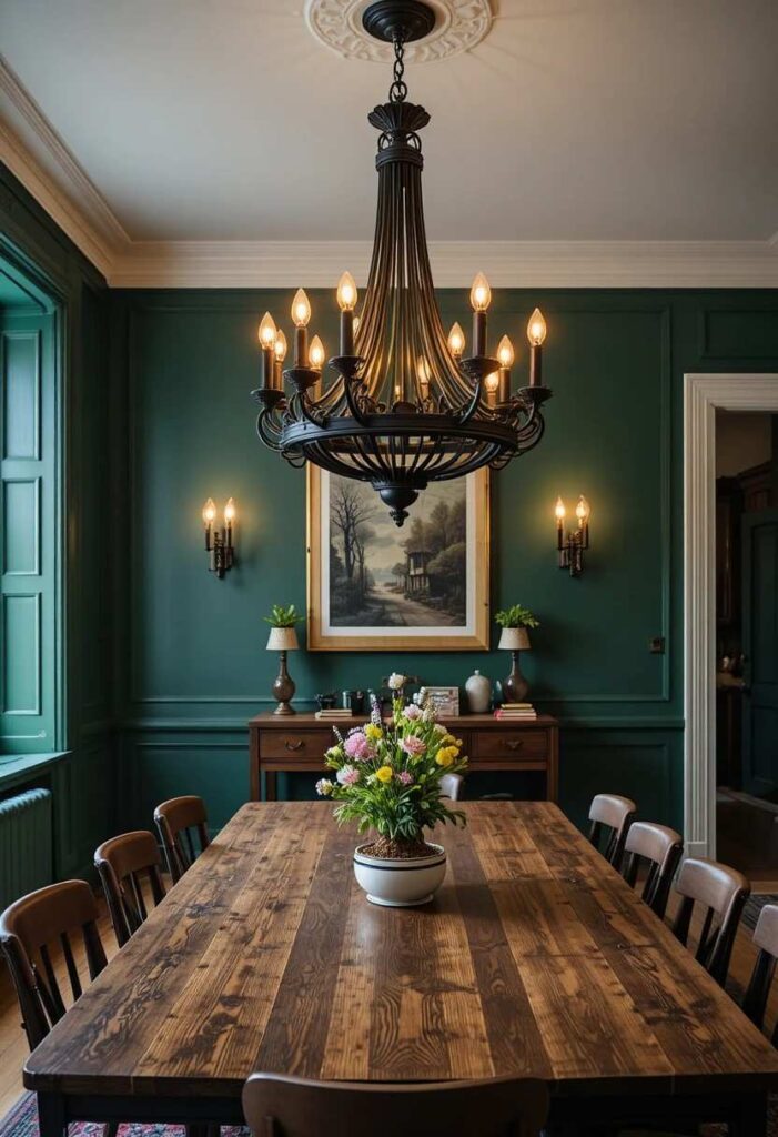 Green dining room with dramatic black iron statement chandelier above wooden table creating a warm cozy glow