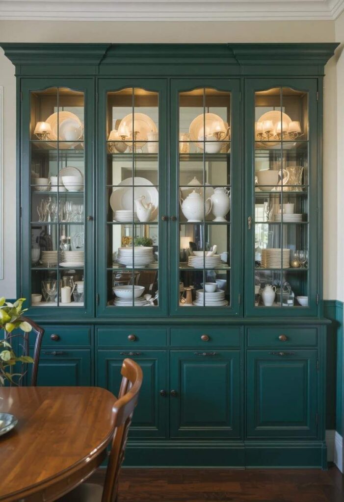 Rich green built in china hutch with glass doors and warm interior lighting displaying dishware in a dining room