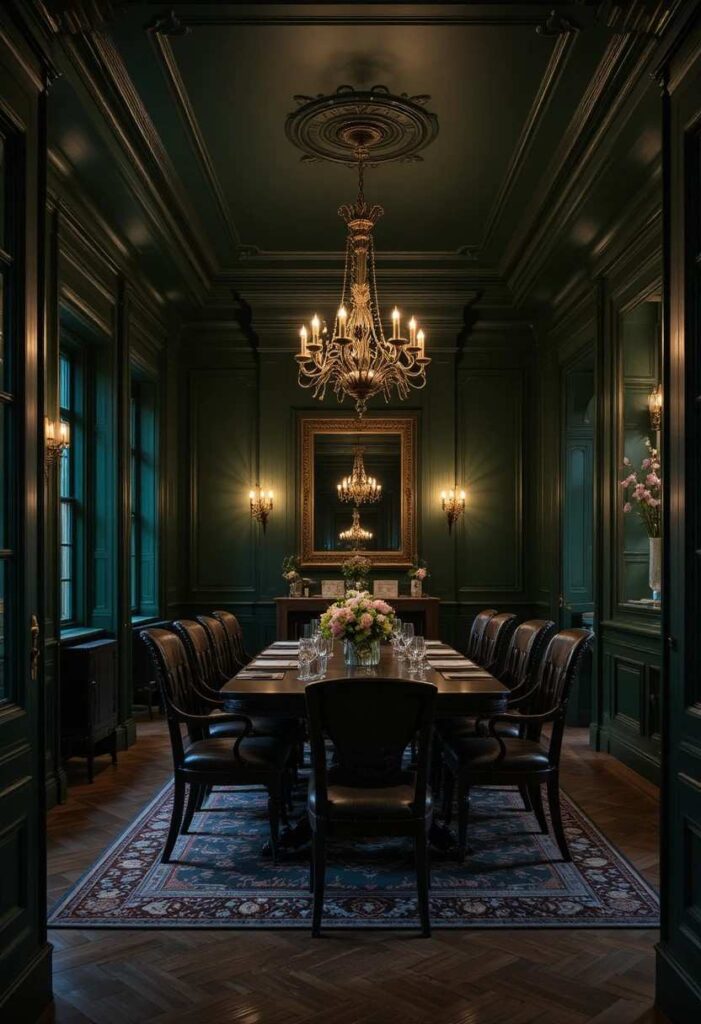 Dark hunter green dining room with matching walls and ceiling dark wood furniture for an intimate moody cocoon atmosphere