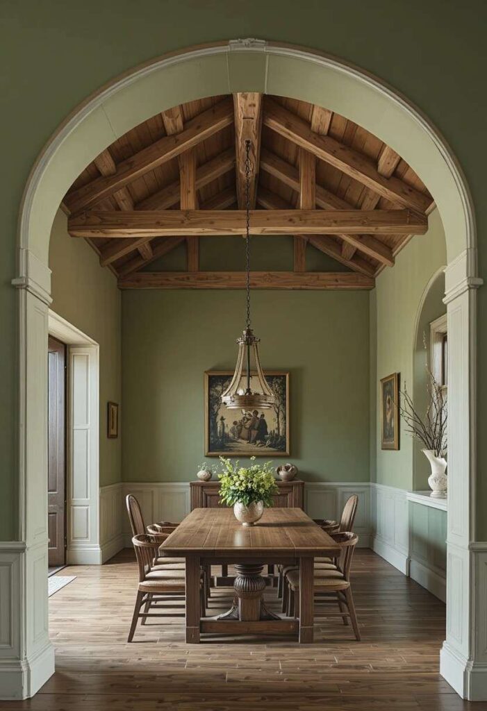 Green dining room with exposed natural wood ceiling beams and wooden table for a rustic refined architectural look
