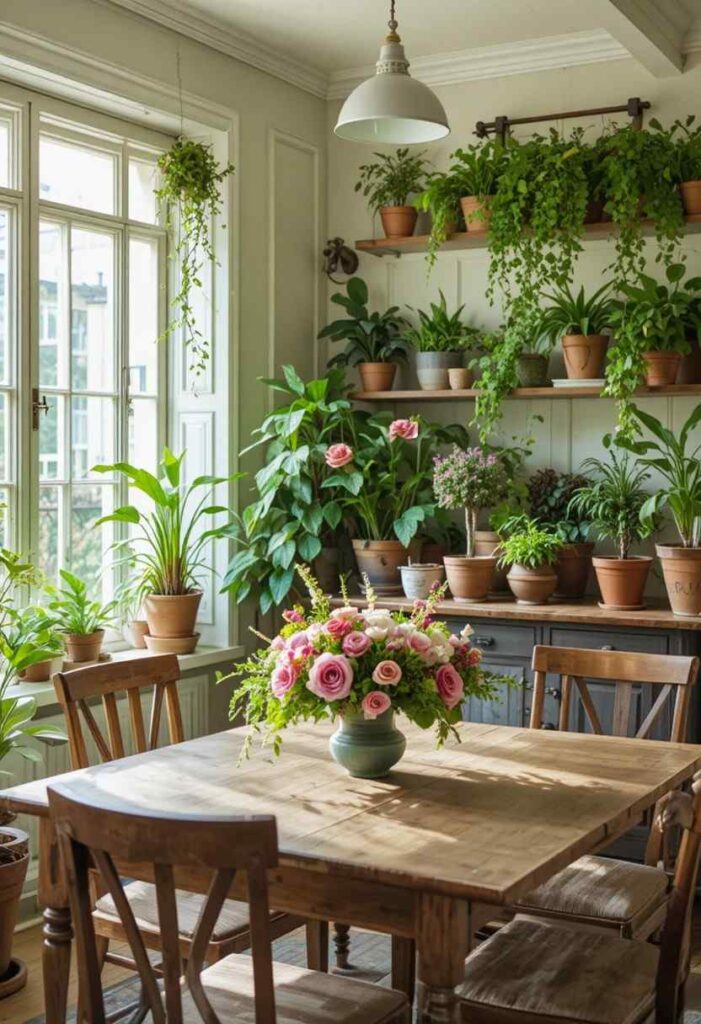 Dining room with layered potted plants trailing vines and fresh floral centerpiece creating a lush garden inspired atmosphere