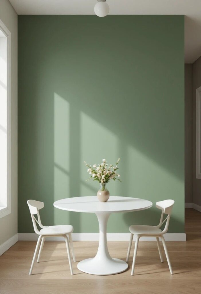 Minimalist dining room with single muted green accent wall and simple white furniture for a calm uncluttered modern look