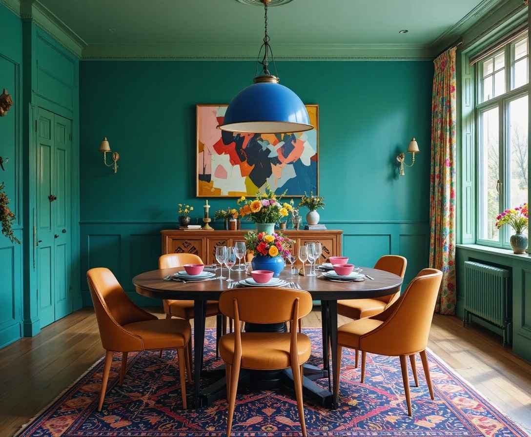 Colorful dining room with bold accent wall, mismatched chairs, and vibrant decor
