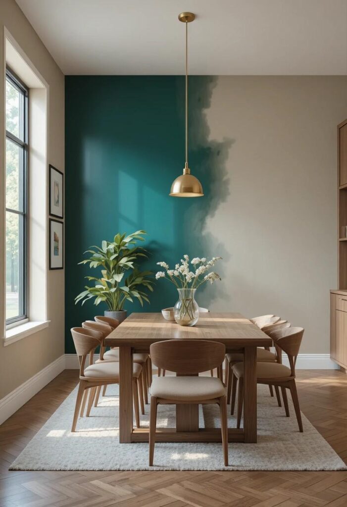 Colorful dining room with emerald green accent wall and brass lighting