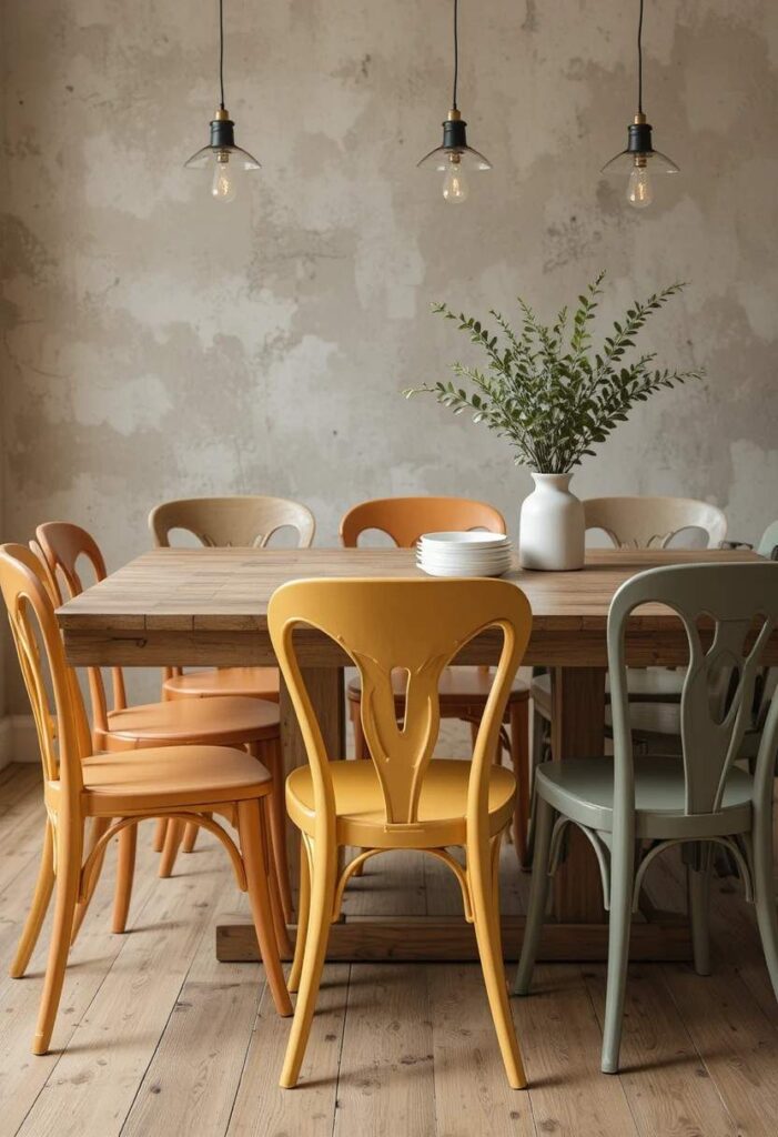 Colorful dining room with mismatched mustard, terracotta, and sage chairs