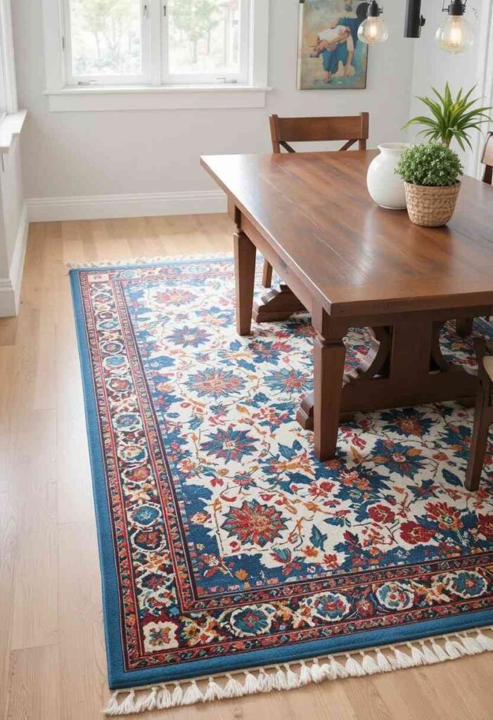 Colorful dining room with vibrant patterned area rug under table