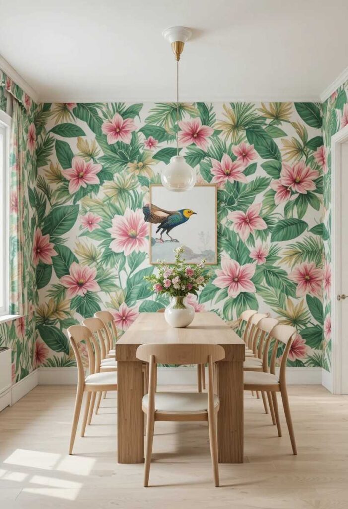Colorful dining room with bold tropical floral wallpaper accent