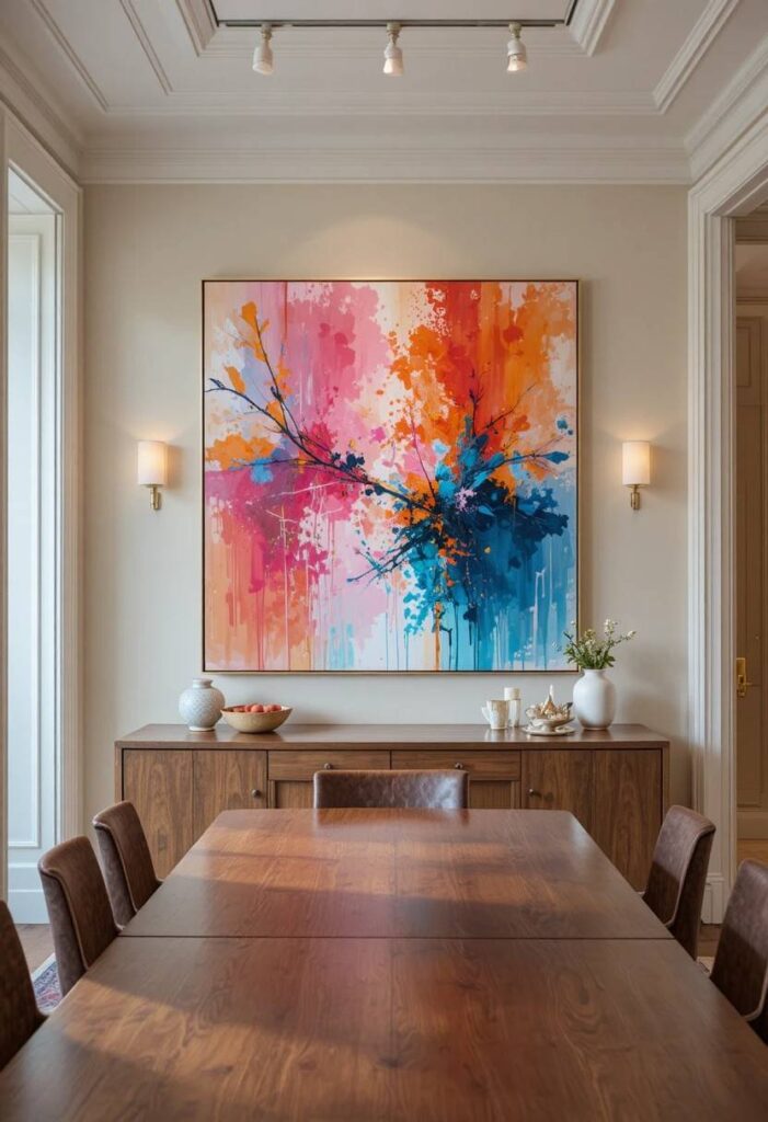 Colorful dining room with vibrant abstract artwork centerpiece
