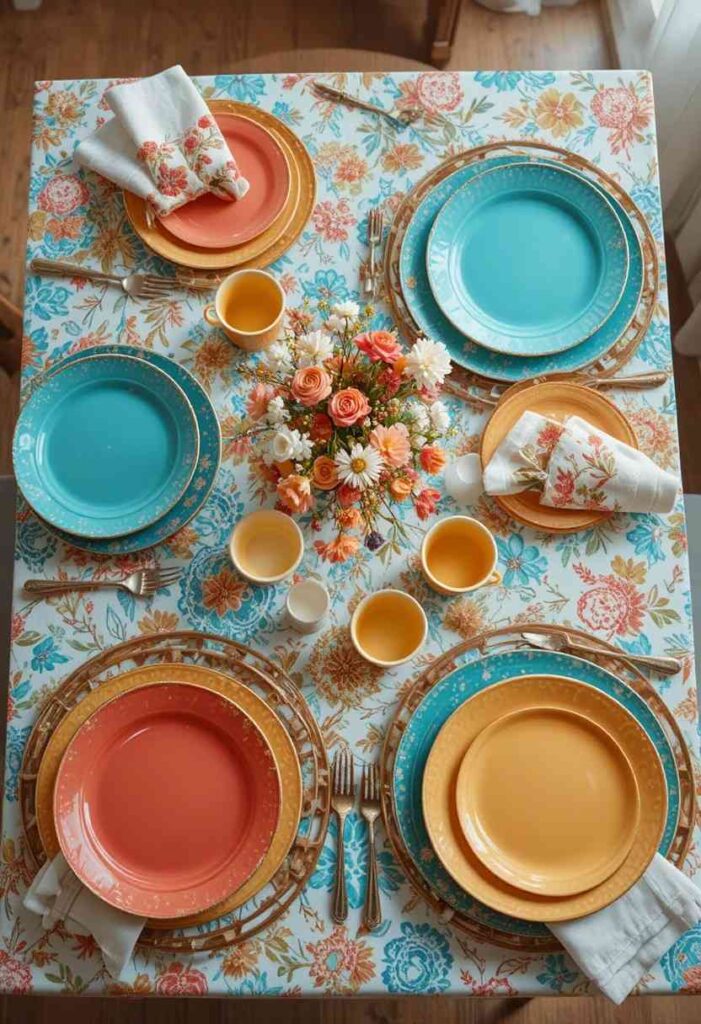 Colorful dining room table setting with bright dinnerware and linens