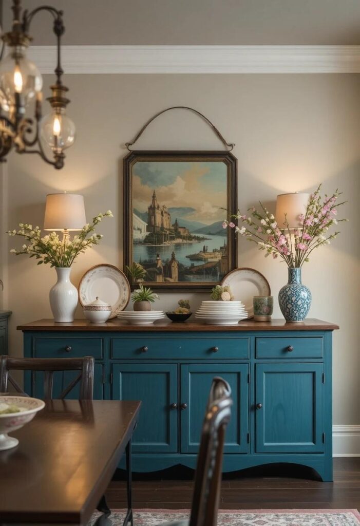 Colorful dining room with bold teal painted sideboard
