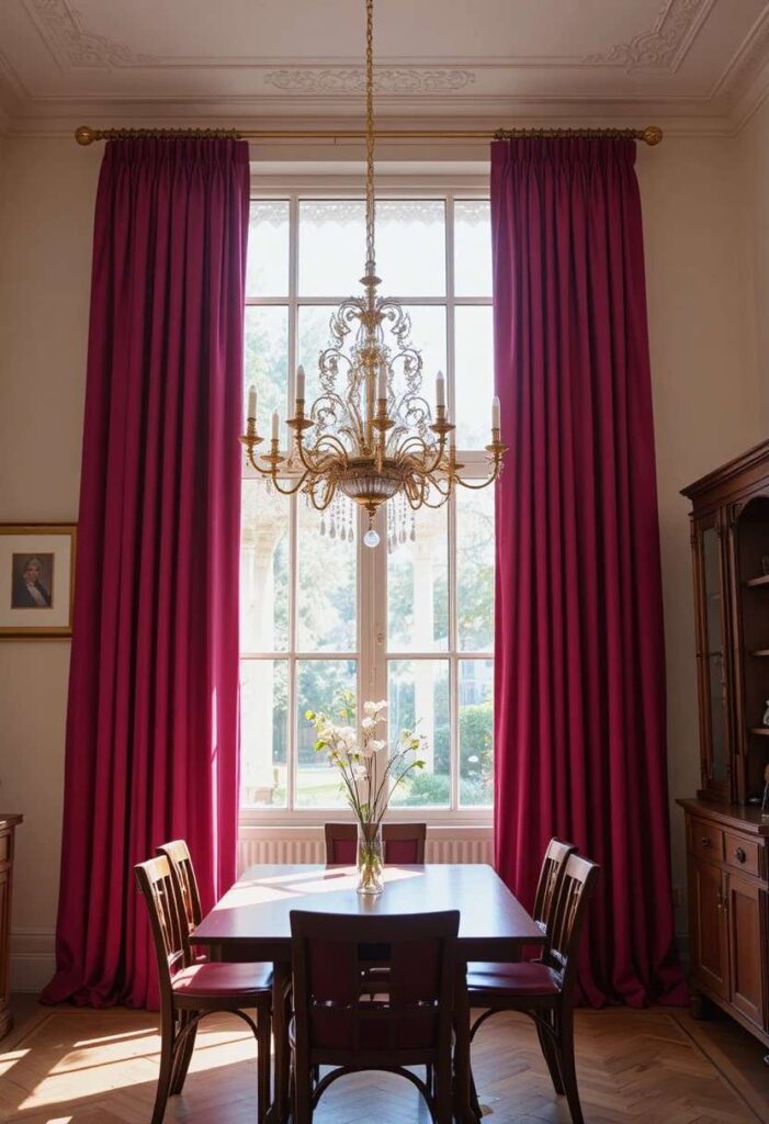 Colorful dining room with magenta floor to ceiling curtains
