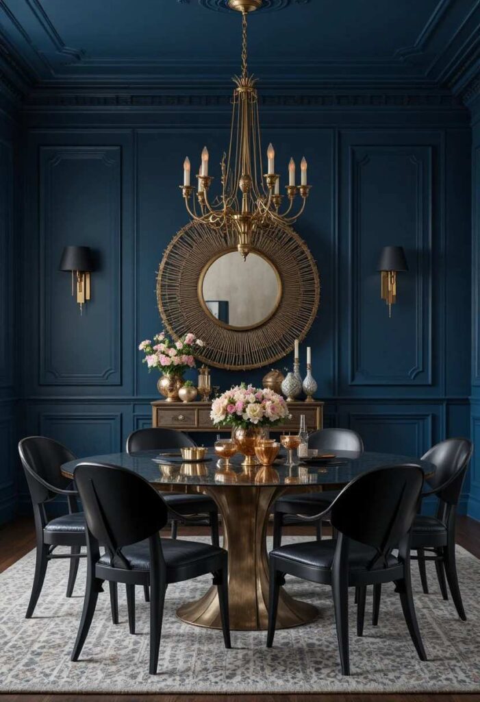 Colorful dining room with mixed brass and copper metallic accents