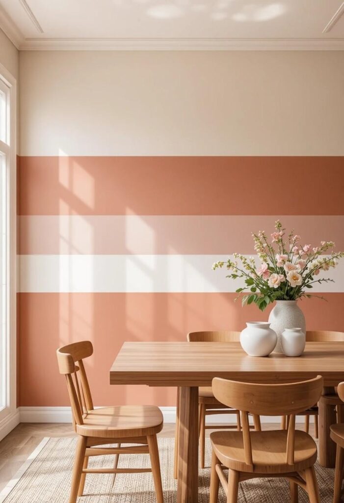Colorful dining room with color blocked blush and terracotta wall