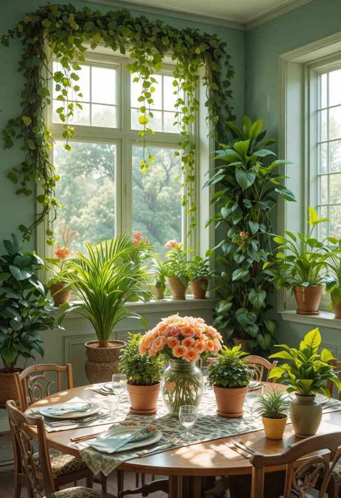 Colorful dining room with vibrant plants and fresh flowers