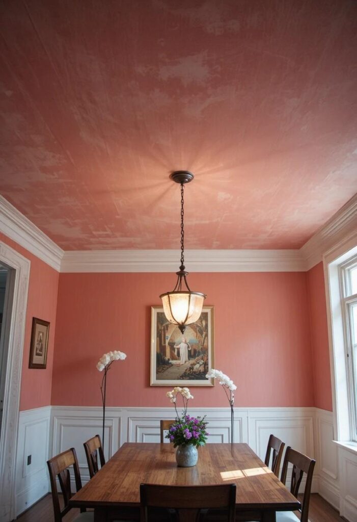 Colorful dining room with soft coral painted ceiling accent
