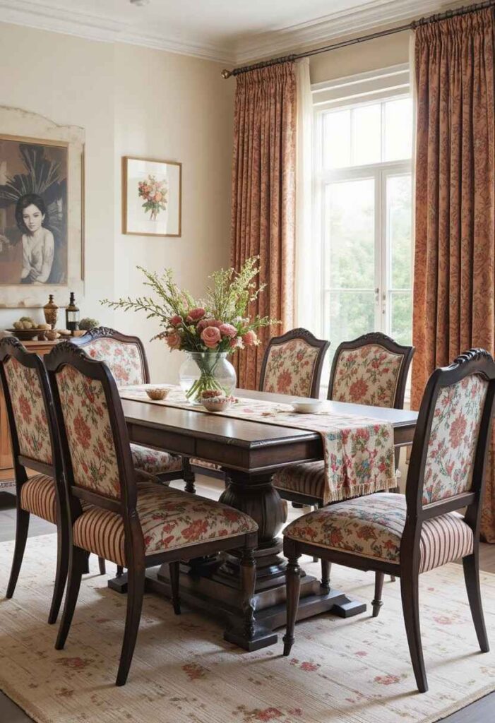 Colorful dining room with mixed patterned textiles in warm tones