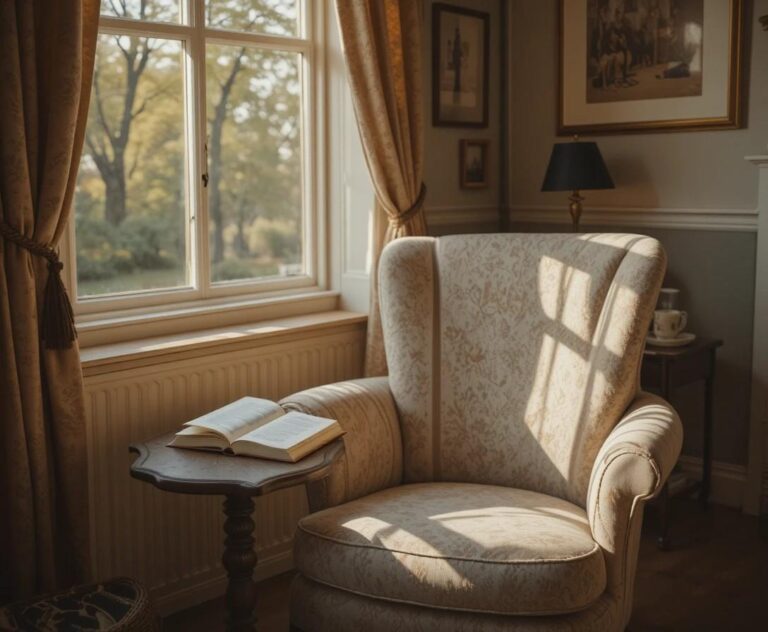 Cozy reading nook with armchair warm natural light and tea cup creating a calm peaceful escape