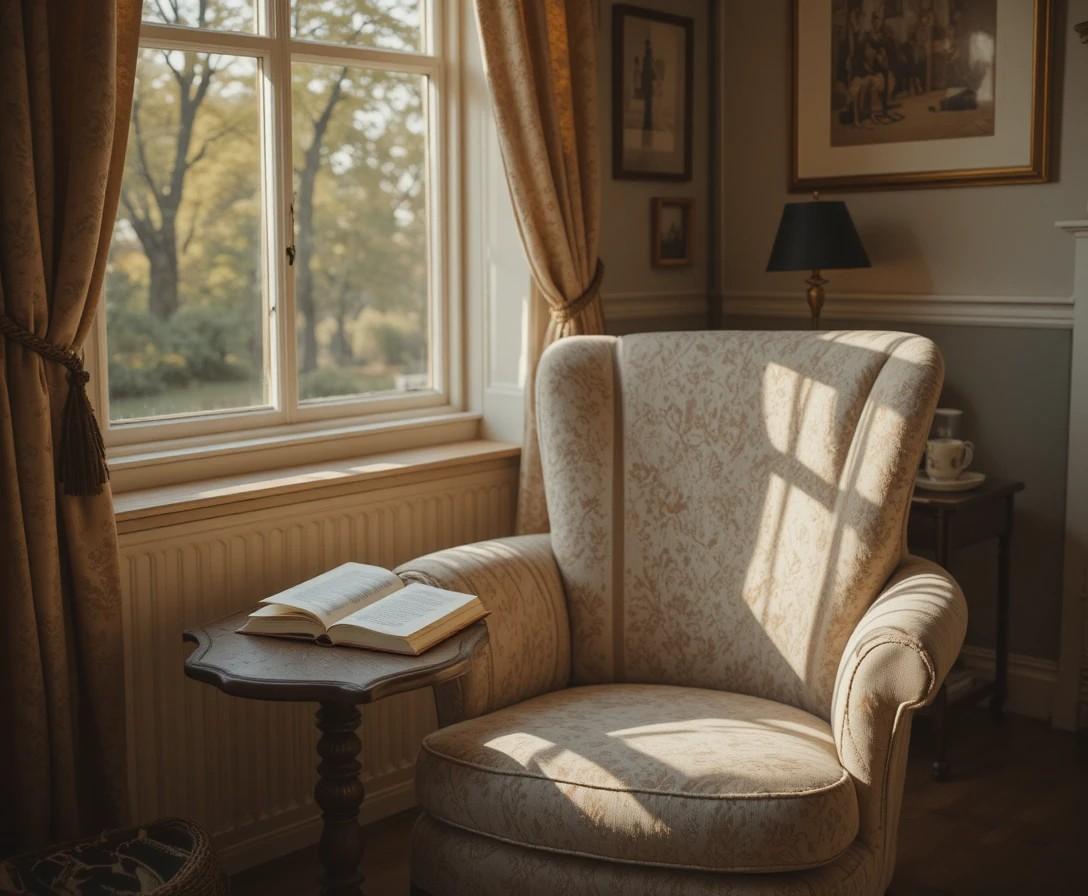 Cozy reading nook with armchair warm natural light and tea cup creating a calm peaceful escape