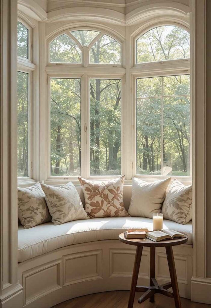 Cozy window seat reading nook with soft cushions natural daylight and a small side table for tea and books