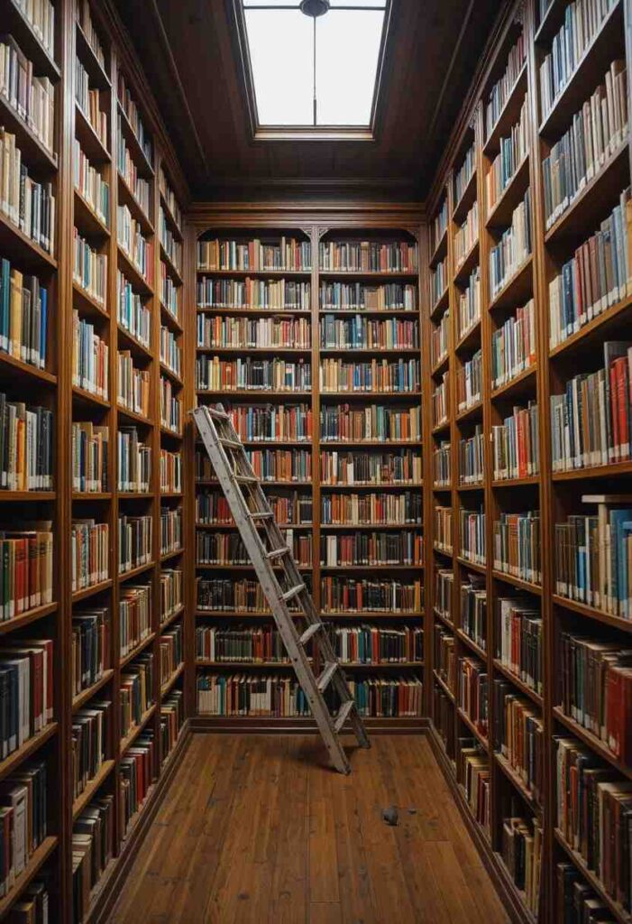 Floor to ceiling wood bookshelves with rolling ladder and color organized books in a cozy intellectual reading room