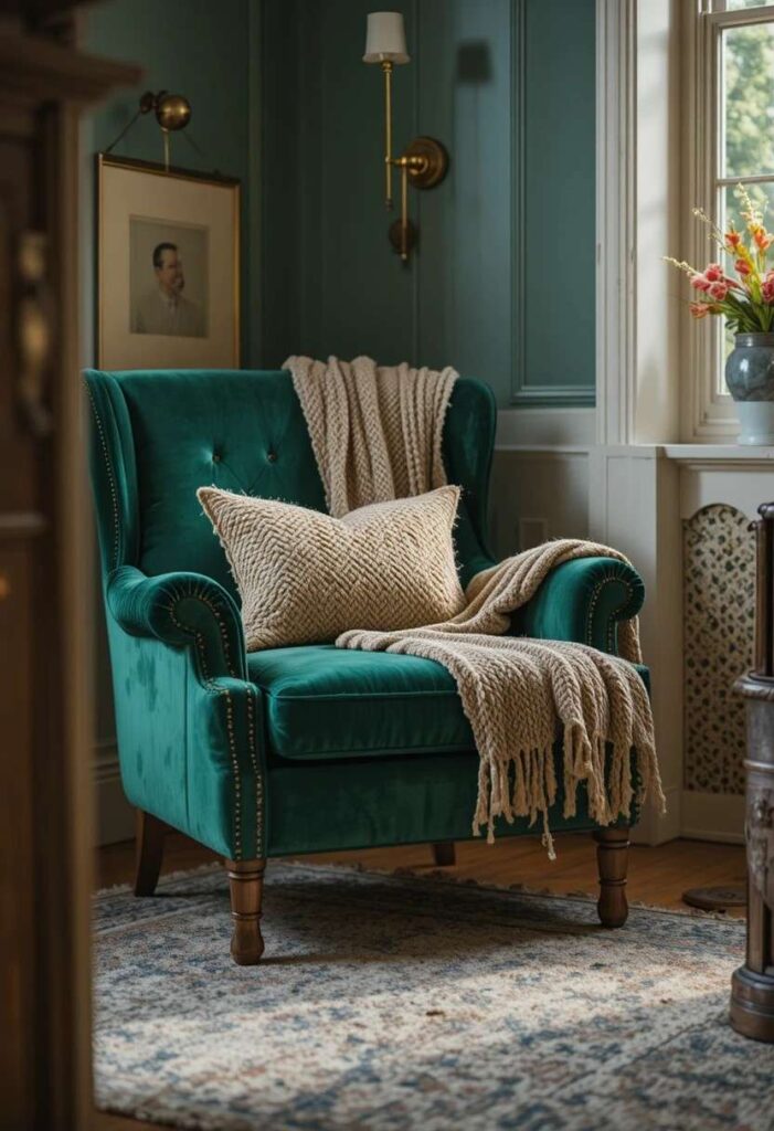 Plush emerald velvet armchair with footstool and throw blanket creating a luxurious cozy reading retreat