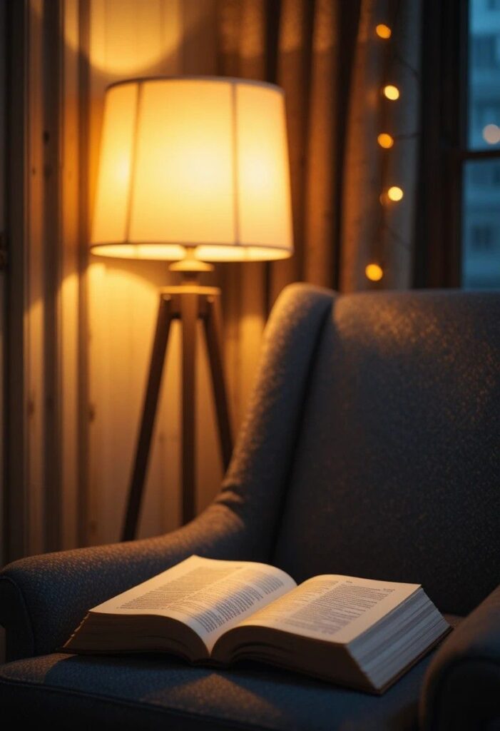 Warm floor lamp lighting falling onto an open book in a cozy golden hour reading corner