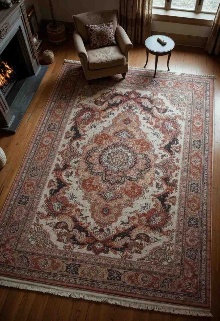 Bold textured Persian rug layered over neutral base rug grounding a cozy reading room space