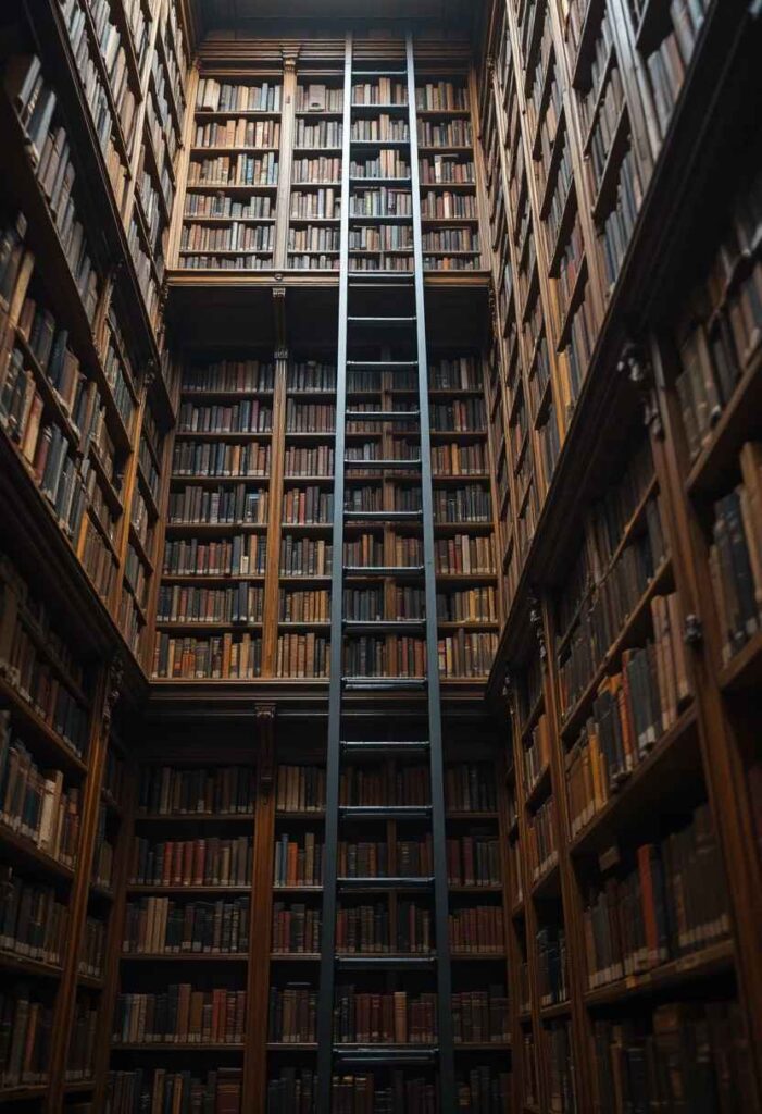 Matte black sliding library ladder against tall wood bookshelves creating an elegant old fashioned library look