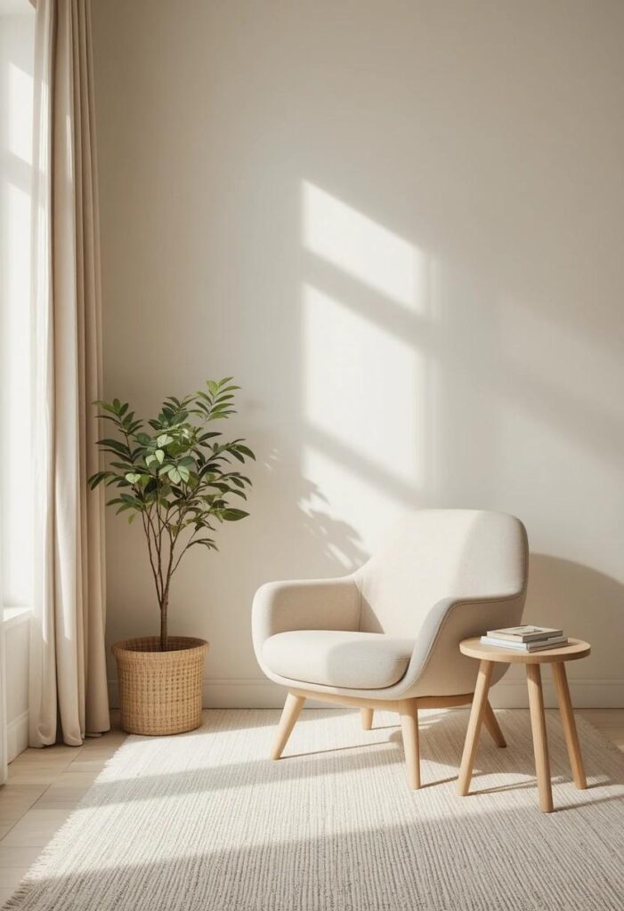 Minimalist reading room with single neutral chair small table and one plant for a calm uncluttered retreat