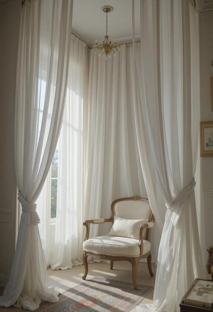 Reading chair enclosed by soft sheer curtains creating a private cocoon like nook with filtered light