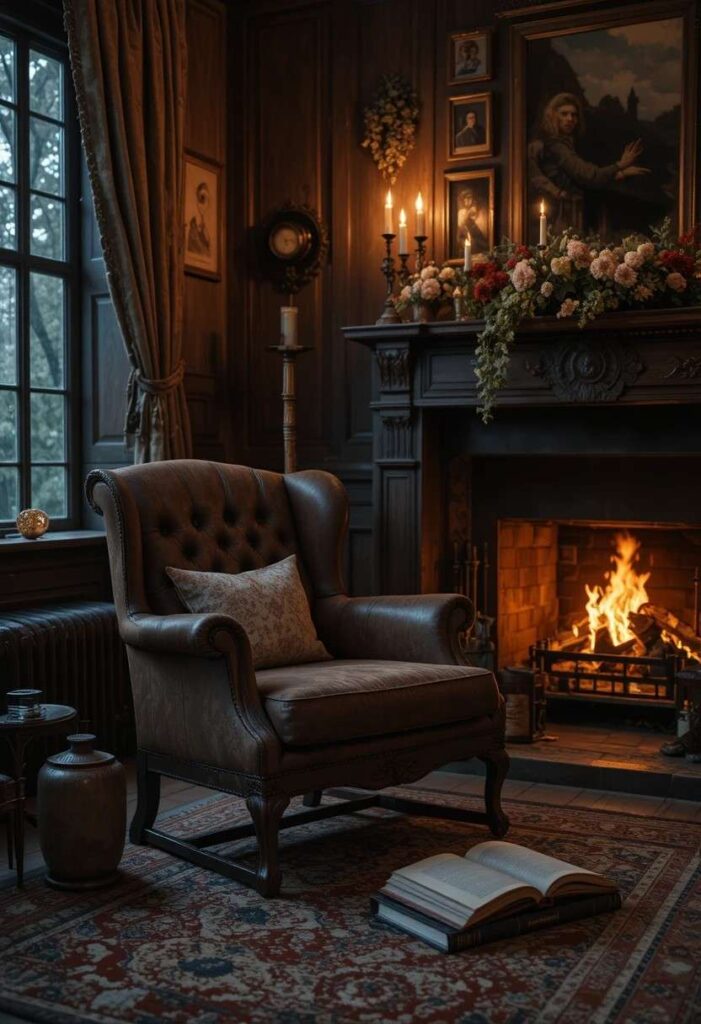 Reading chair beside a crackling fireplace with warm glowing light creating a cozy intimate evening atmosphere